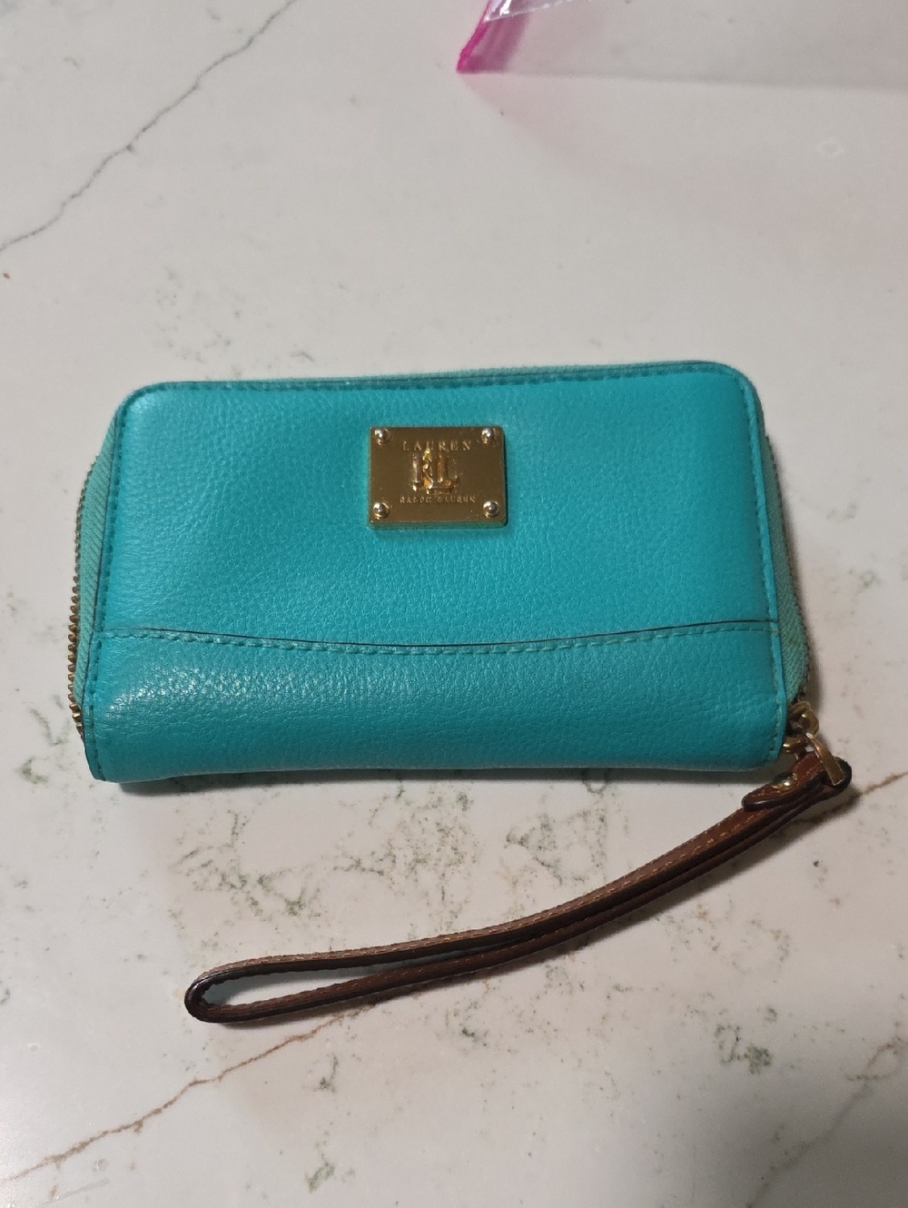 Ralph Lauren Turquoise Leather Wristlet Clutch with Brown Strap